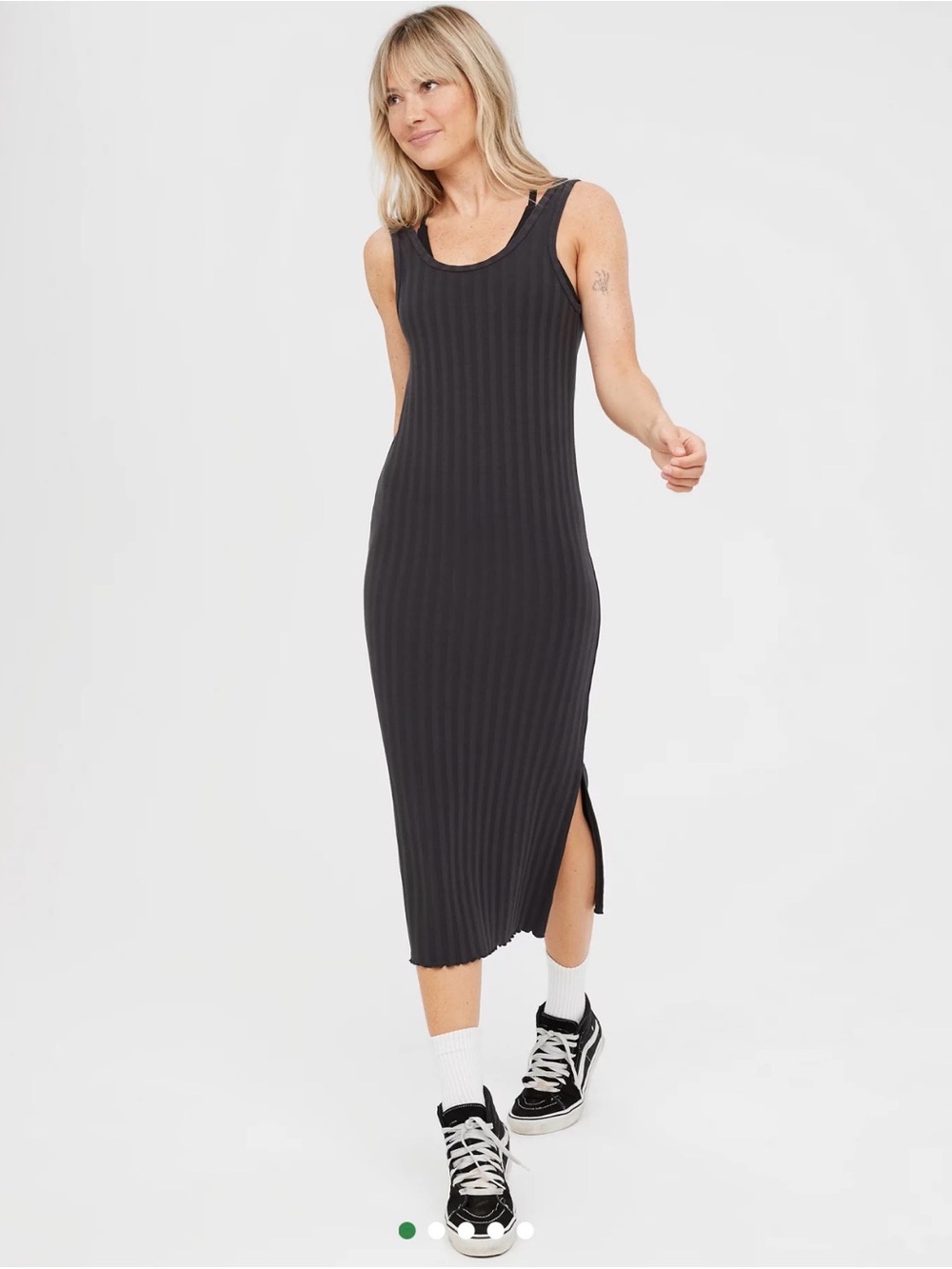 aerie Black Ribbed Sleeveless Midi Dress with Side Slit